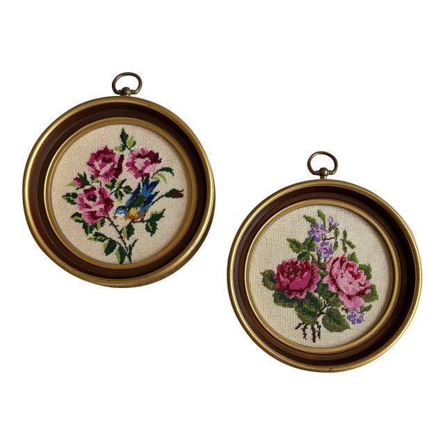 1960s Vintage Floral Petit Point Roses Framed Embroidery Art - A Pair For Sale