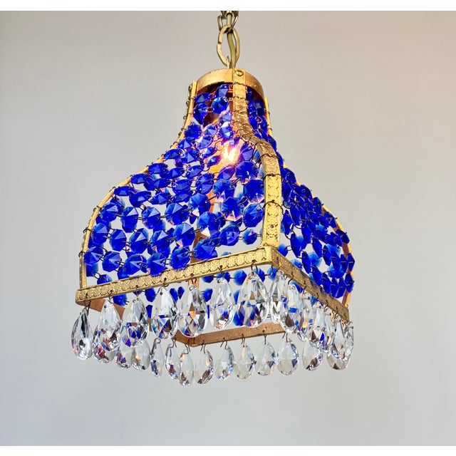 Pair Match 1960s Turkish Mosque Chandelier – Blue Crystal Brass Mid-Century Lighting For Sale - Image 9 of 13
