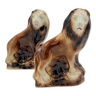 Midcentury Glazed Ceramic Lion Figurine Bookends in Espresso and Cream - A Pair For Sale