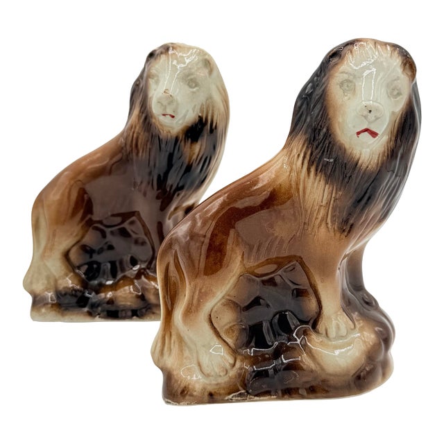 Midcentury Glazed Ceramic Lion Figurine Bookends in Espresso and Cream - A Pair For Sale