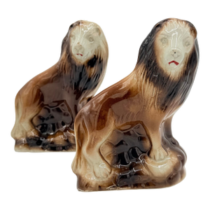Midcentury Glazed Ceramic Lion Figurine Bookends in Espresso and Cream - A Pair