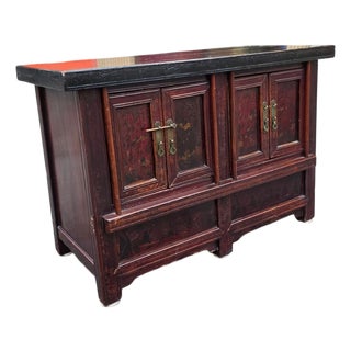 Antique Late Qing Chinese Red and Black Lacquer Cabinet With Gilt Floral Decoration & Brass Hardware, Circa 1900 For Sale