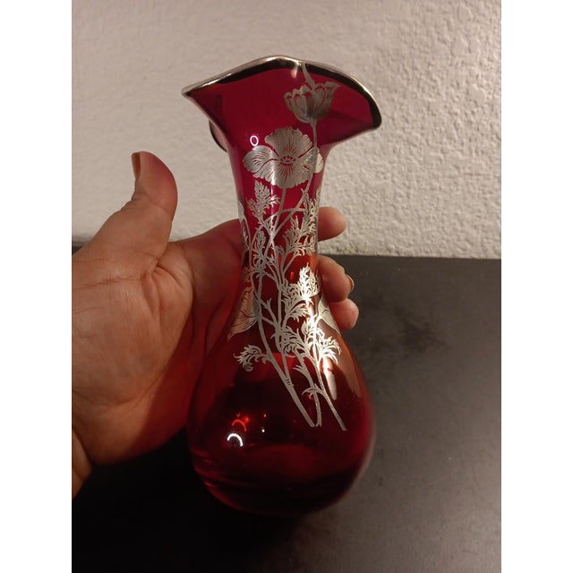 1970s Ruby Red With Silver Rim & Floral Overlay Vase For Sale In Dallas - Image 6 of 6
