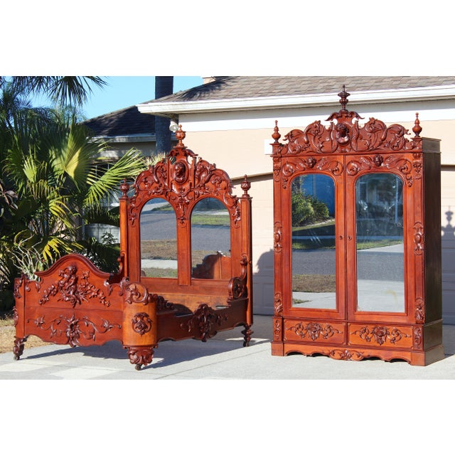 Rococo Monumental 19th Century Rococo Revival Bedroom Set – Hand Carved Queen Bed & Armoire – Museum Quality For Sale - Image 3 of 18