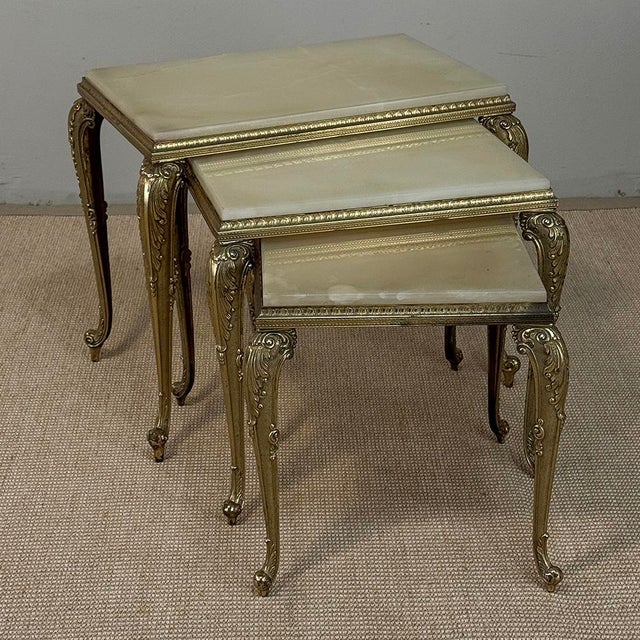 Set of Three Mid-Century French Louis XV Style Brass and Onyx Nesting Tables For Sale - Image 10 of 18