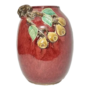1950s Shiwan Pottery Hand Turned Glazed Ceramic Fruit Motif Applied Vessel Vase