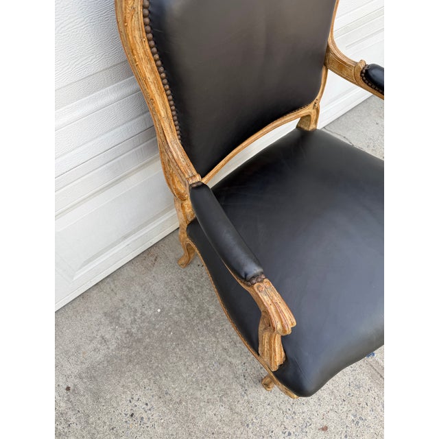 Vintage Louis XV French Carved Wood Fauteuil Armchair With Black Upholstery For Sale - Image 10 of 12