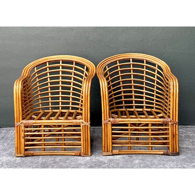 Vintage Stacked Rattan Lounge Chairs - Pair For Sale - Image 10 of 12