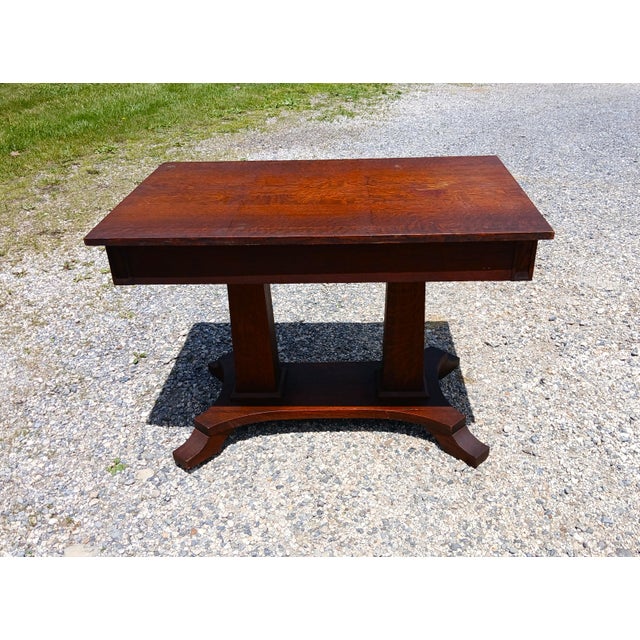 1920s Antique Mission Quarter Sawn Oak Double Pedestal Library Table 1920 For Sale - Image 5 of 17