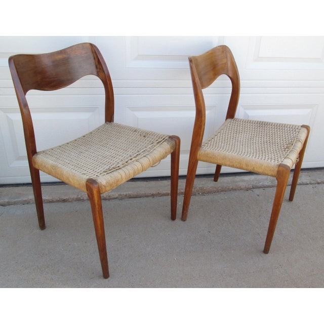 2 Danish Modern / Mid Century Modern Teak and Papercord Chairs Attributed to Niels Otto Moller Model 71. The chairs are...