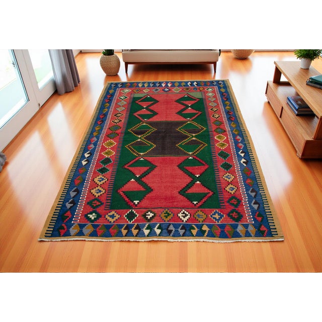 Farmhouse 1960s Hand Woven Turkish Kilim Rug Flat Weave Area Rug - 4′4″ × 6′1″ For Sale - Image 3 of 11