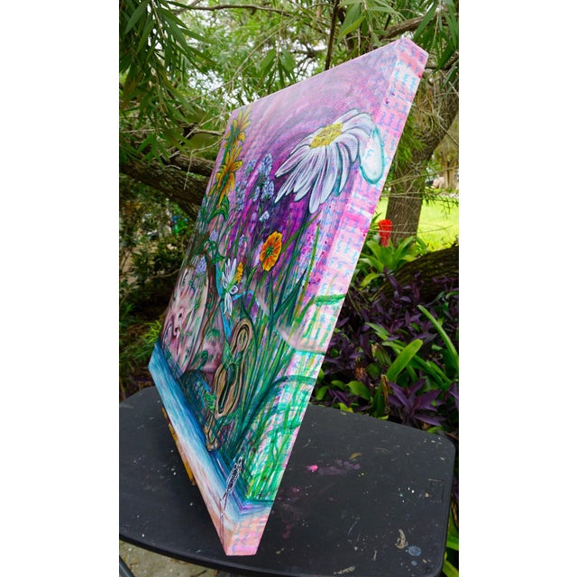 Contemporary In A World Of My Own by Amanda Seckington | Acrylic on canvas woman surrounded by flowers and foliage For Sale - Image 3 of 4