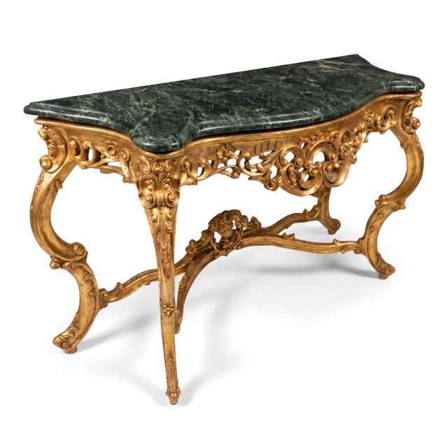 Gold Large Scale Italian Louis XV Carved Giltwood Console Table W/ Verde Marble Top For Sale - Image 8 of 8