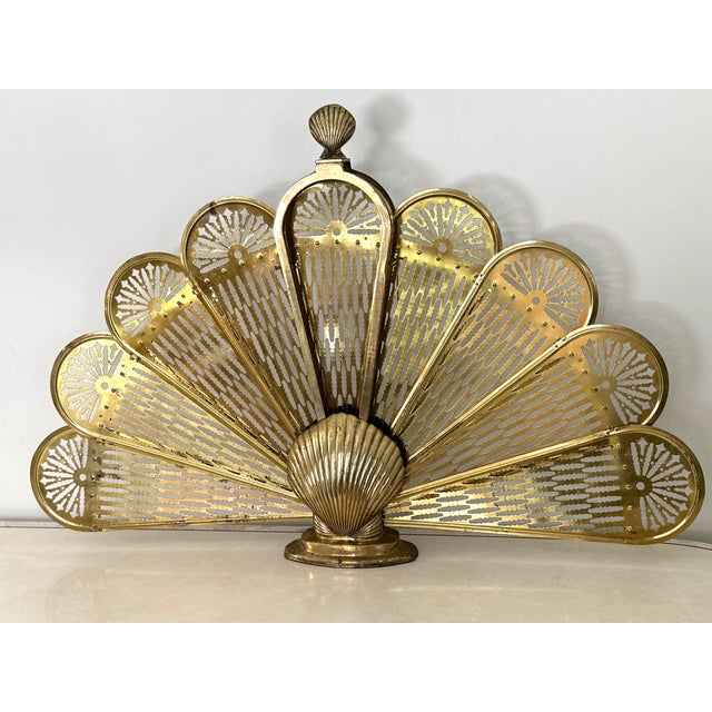 Vintage Brass Peacock Folding Fireplace Screen With Shell Motif For Sale - Image 15 of 15
