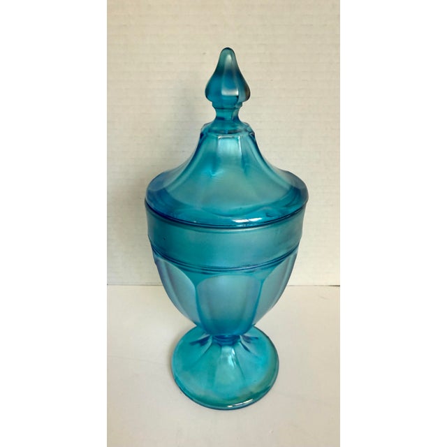 Fenton Art Glass Company Vintage Peacock Blue Iridescent Pressed Glass Lidded Candy Jar For Sale - Image 4 of 7