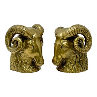 Vintage Hollywood Regency Brass Rams Head Bookends - Set of 2 For Sale