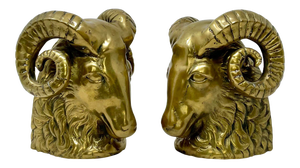 Vintage Hollywood Regency Brass Rams Head Bookends - Set of 2