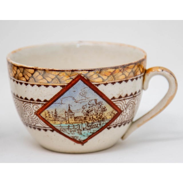 Polychrome Aesthetic Transferware Plates and Cups Wisconsin by Brownfield 19th C For Sale - Image 10 of 12