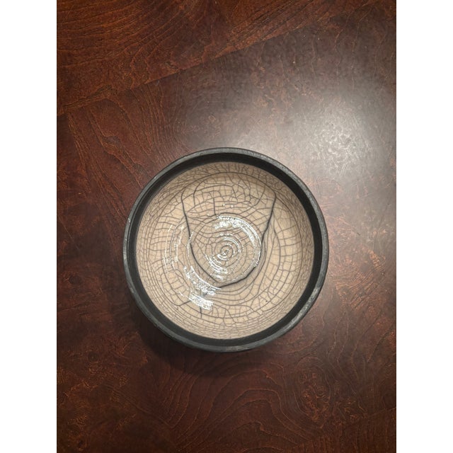 Mustard Vintage Studio Pottery Crackle-Glazed Bowl With Cobalt Decoration, Postmodern Influence For Sale - Image 8 of 9