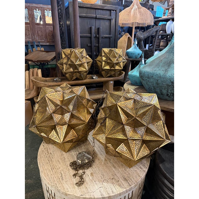 Vintage Brass Indian Origami Star Pendant Light Medium For Sale - Image 9 of 9