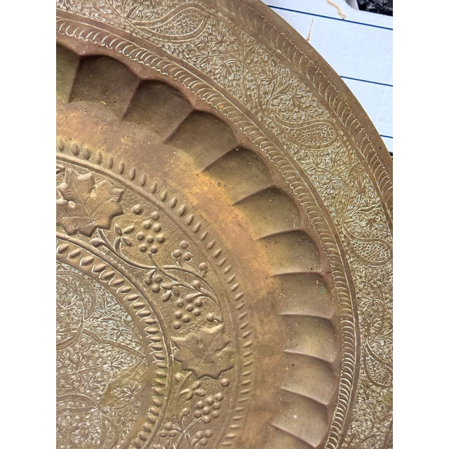 Metal Vintage Indian Benares Brass Tray - 31" Large Round Hand-Etched Charger Tray For Sale - Image 7 of 7