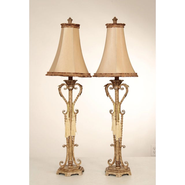 Quality Pair of Wrought Iron Table Lamps, Each with Crackle Painted Finish and Decorative Tassels