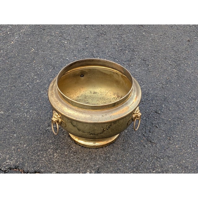 Vintage Heavy Solid Brass Small Round Pedestal Planter With Lion Heads For Sale - Image 9 of 9