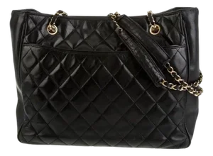 Chanel Quilted Black Caviar Skin Shoulder Bag / Tote, Golden Chain & Hardware