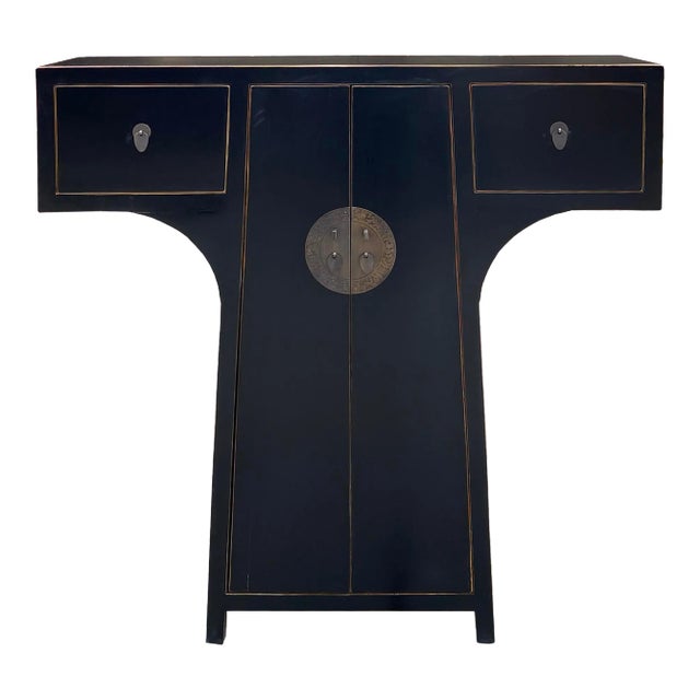 Chinese Moon Face T-Shape Black Lacquer Drawers Side Table Cabinet For Sale