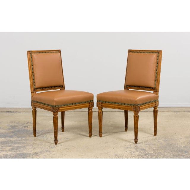Tan Late 19th Century French Louis XVI Style Dining Chairs in Tan Leather, Set of 6 For Sale - Image 8 of 18