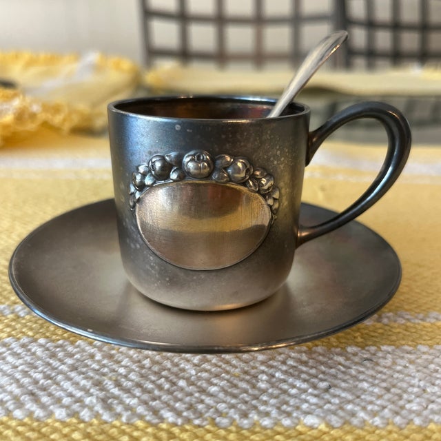 Antique demitasse cup and saucer with spoon. Cup Marked 800. Includes a spoon that is labeled made in England EPNS. Gold...