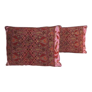 Hand-blocked Red and Pink Batik Bolster Decorative Pillows - A Pair For Sale
