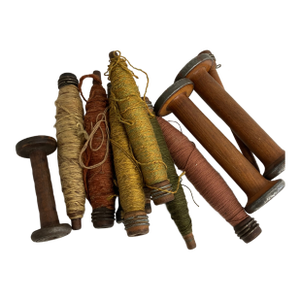 Antique Wooden Textile Bobbins With Original Thread – Group of 10
