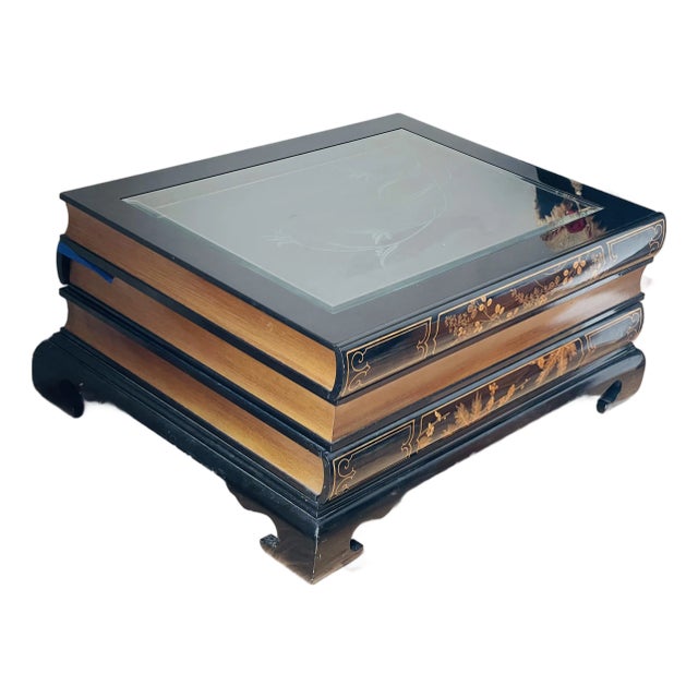 1960s Maitland Smith Style Black Lacquer Book Coffee Table With Drawers For Sale