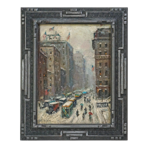 Vintage Midtown New York City Street in Winter Snow Oil Painting on Canvas Signed Guy Wiggins