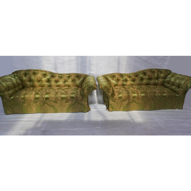 Pair of Curved Back Tufted Damask Sofas Includes Silk Velvet Slip Covers For Sale - Image 9 of 18