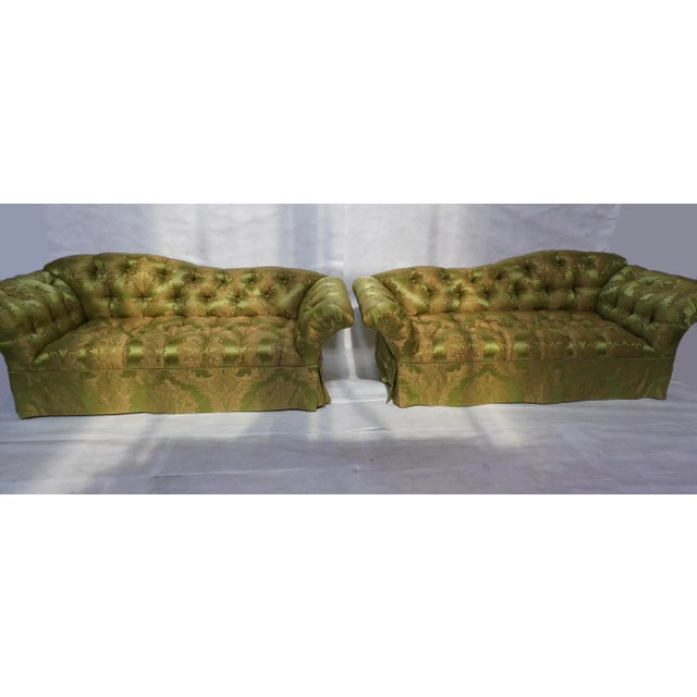 Pair of Custom Curved Back Tufted Damask Sofas Includes Additional Silk Velvet Slipcovers For Sale - Image 9 of 18