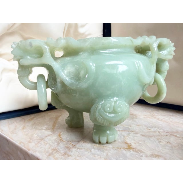 1910s Antique Chinese Qing Dynasty Celadon Jade Incense Burner With Stand & Case 1910 For Sale - Image 5 of 12