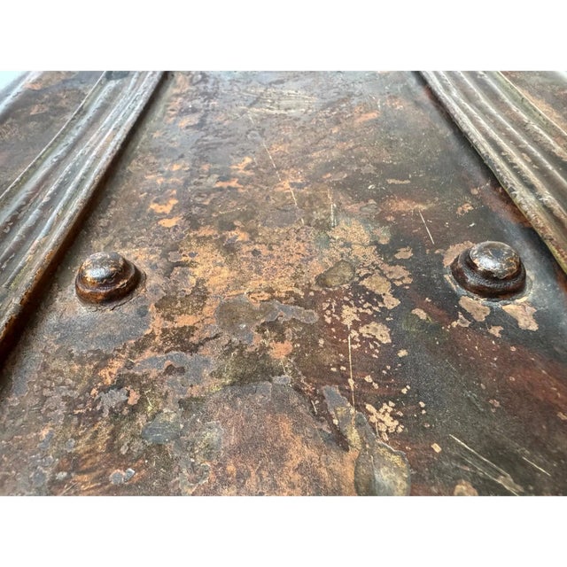 Brown Antique Faux Bois Steel Steamer Trunk Chest Painted Wood Grain Blue Interior 23” For Sale - Image 8 of 16