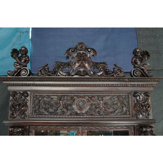 Wood Monumental Antique Italian Renaissance Figural Mahogany Bookcase Curio Display Cabinet For Sale - Image 7 of 12