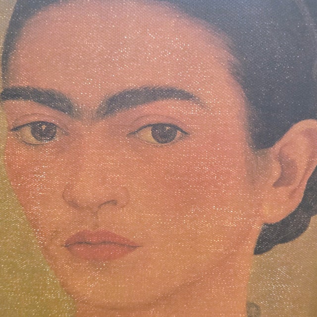 Mexican Mid-Century Turista Mexican Folk Art: Frida Kahlo "Self-Portrait With Necklace" (1933) Lithograph on Canvas - Rustic Pine Frame For Sale - Image 3 of 11