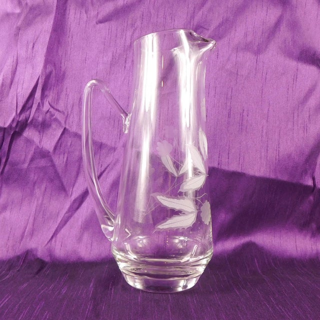 Contemporary 1980s Clear Glass Drink Pitcher With Etched Design For Sale - Image 3 of 4