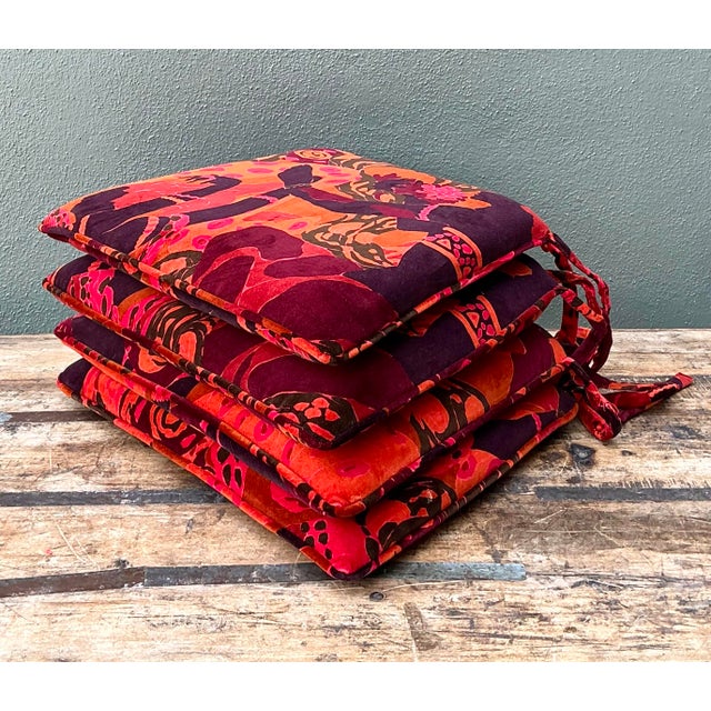 Late 20th Century Vintage 80s Yves St Laurent Printed Velvet Tie Cushions - Set of Four For Sale - Image 5 of 12