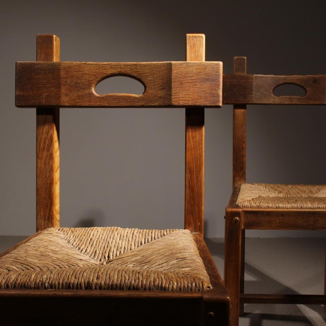 Brutalist Oak & Rush Chairs, Europe, 1960s For Sale - Image 4 of 17