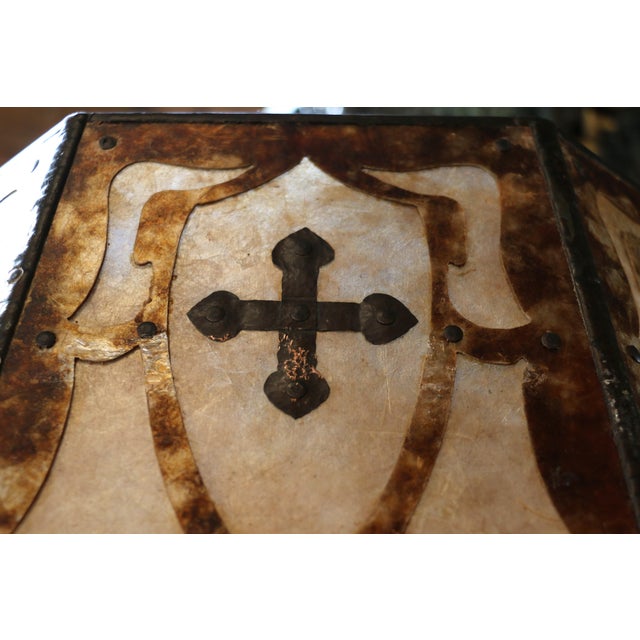 Metal Early 20th Century Spanish Revival Hand-Wrought Iron Floor Lamp With Mica Shade & Copper Cross Motif For Sale - Image 7 of 18