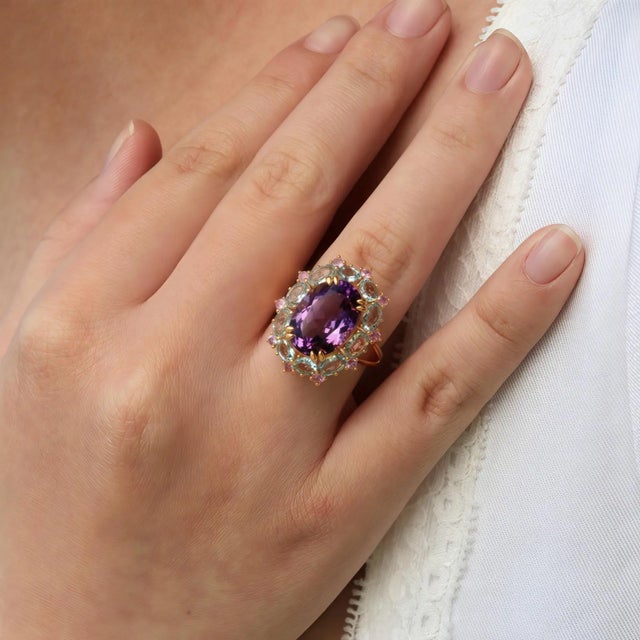 Amethyst Kai Purple Amethyst Aquamarine Pink Sapphire Cocktail Ring in 14k Gold Ring, size 10 For Sale - Image 8 of 11