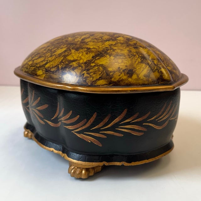 Wood Vintage Large Hand Painted "Tortoise" Shell Lidded Jewelry Box by Castilian Imports For Sale - Image 7 of 12