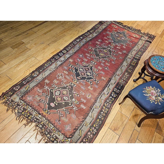 Vintage Turkish Tribal Kilim, Flat-Woven Medallion Pattern, Burgundy & Ivory, 5x11 For Sale - Image 12 of 13