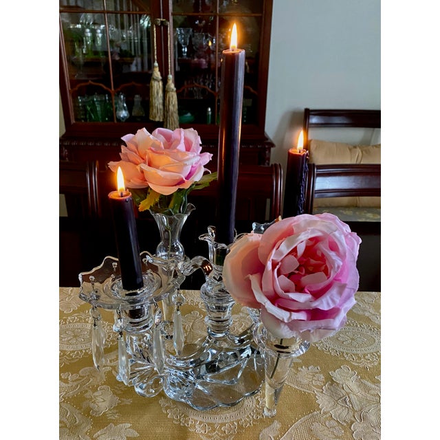 1950s 1950's Vintage Cambridge Glass 3 Candle Candelabra With Two Epergne Bud / Floral Vases For Sale - Image 5 of 12