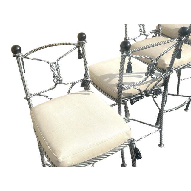 Light Gray Pair Vintage Napoleon III Rope Twist & Tassel Designer Stools For Sale - Image 8 of 11